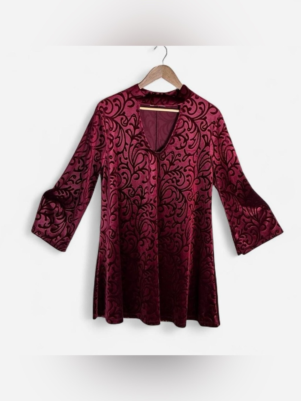 Whimsigoth Burgundy Velvet Damask Mini Dress Bell Sleeve Choker Neck Grungefairy